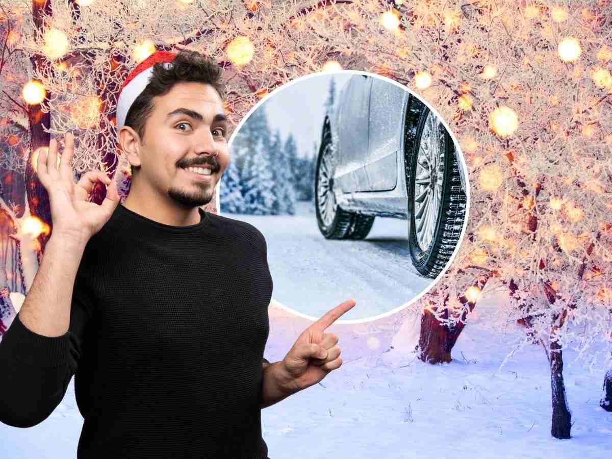 sfondo alberi di Natale con neve, tondo con macchina su neve e uomo che fa ok