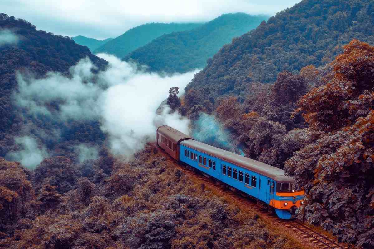 Treno che attraversa un fitto bosco