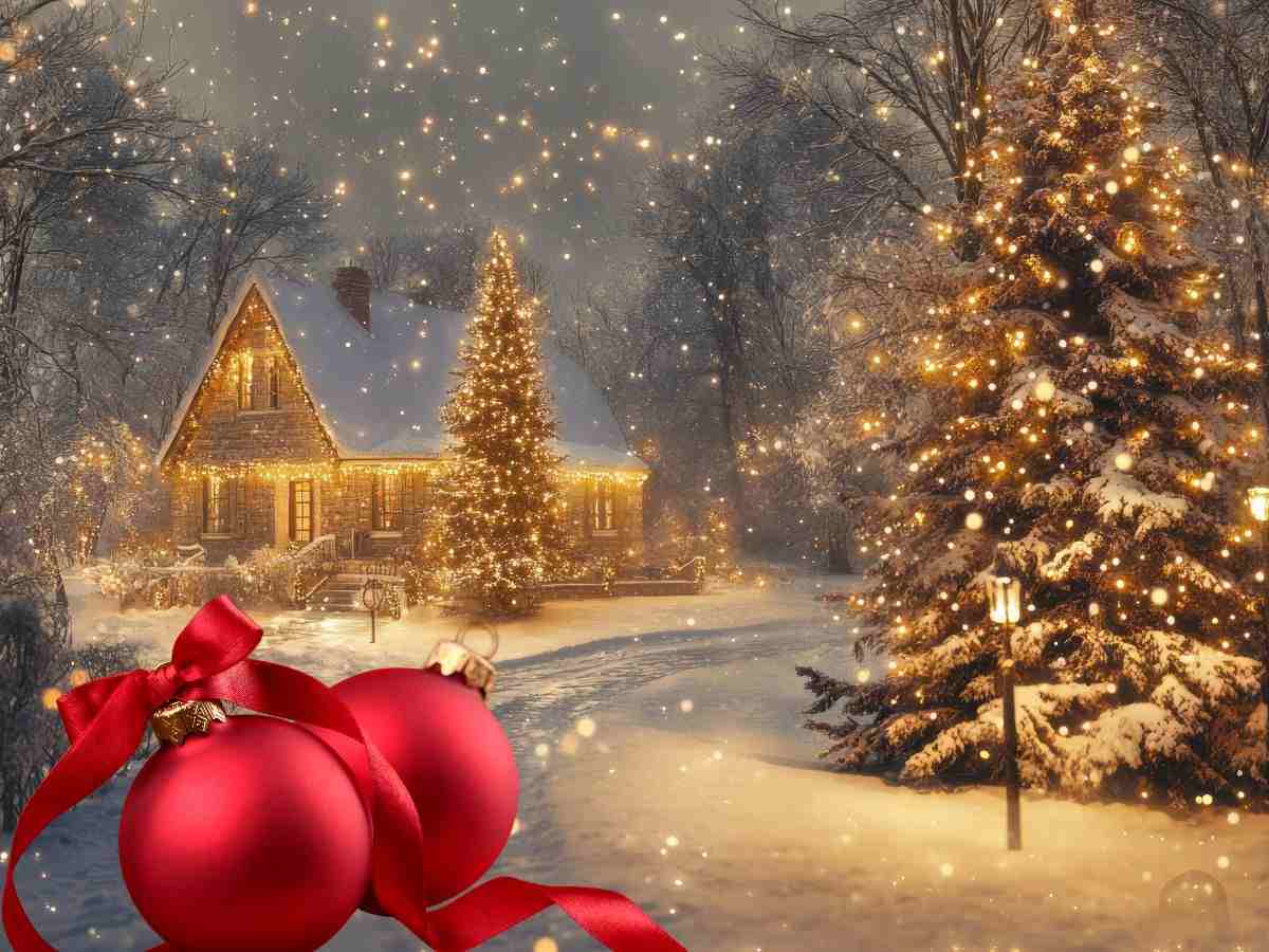 sfondo città a Natale e decorazioni rosse