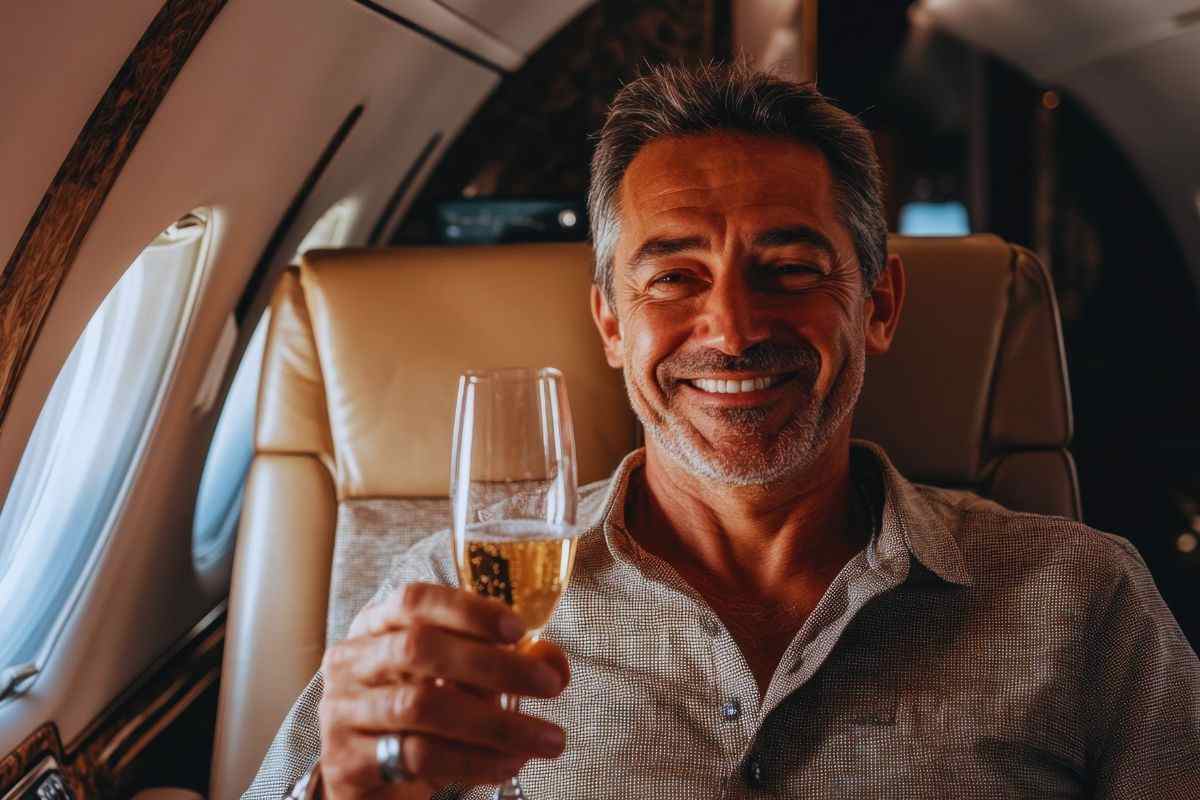 Uomo sorridente con calice di champagne in mano