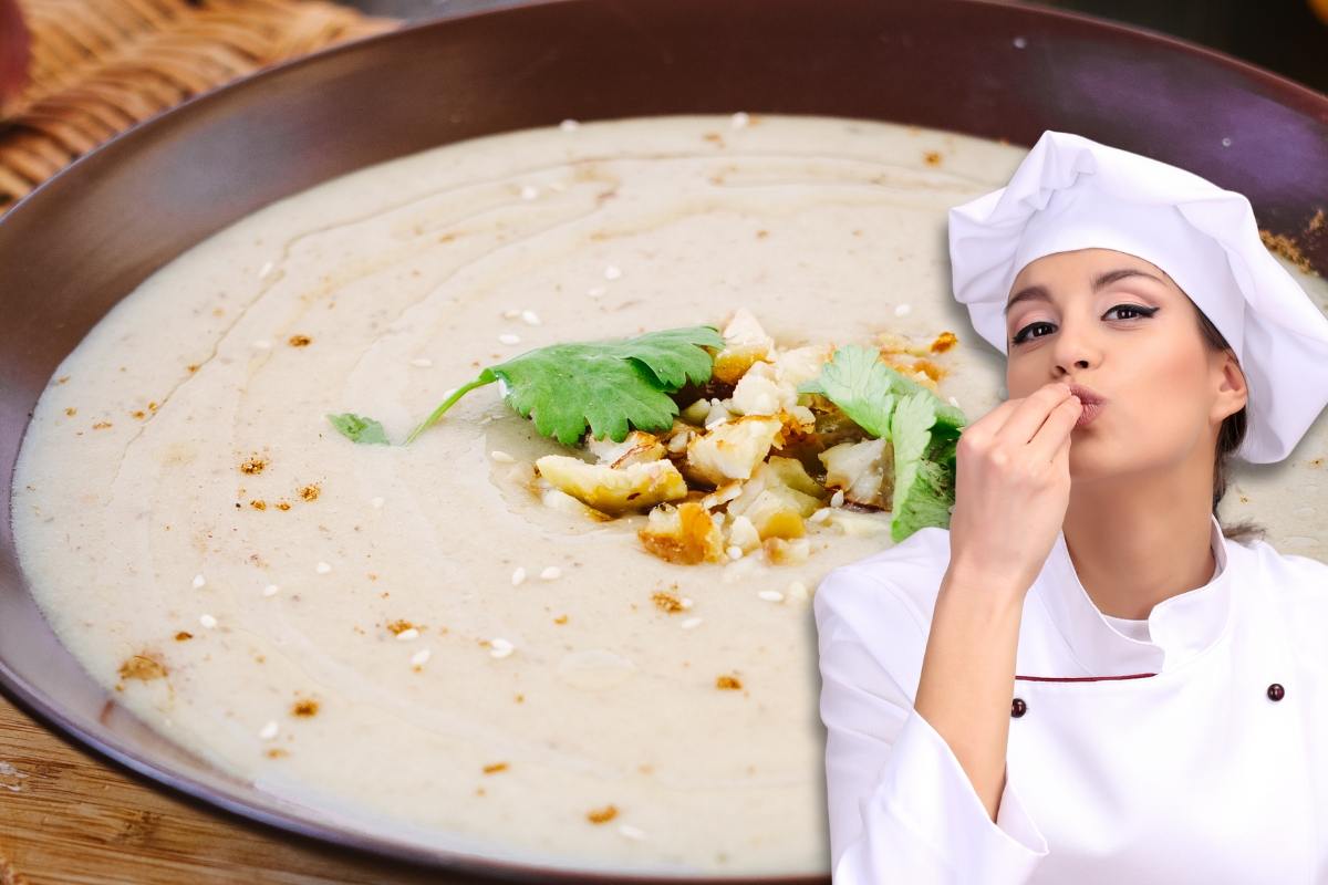 Vellutata di castagne e Chef con dita sulla bocca