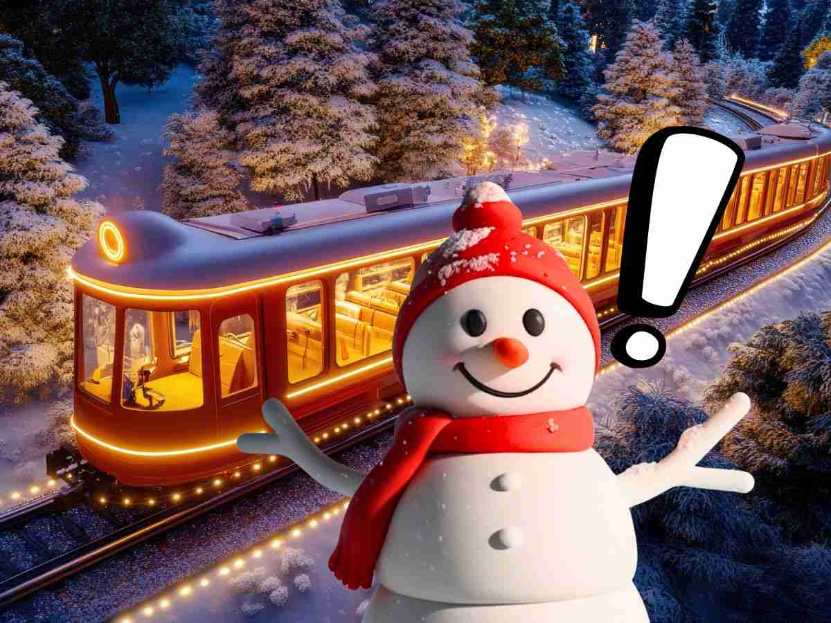 sfondo treno di Natale con paesaggio innevato, pupazzo di neve e punto esclamativo