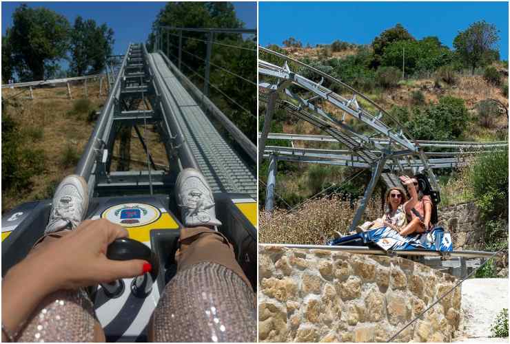 Collage Slittovia Dolomiti Lucane, foto di persone durante il percorso