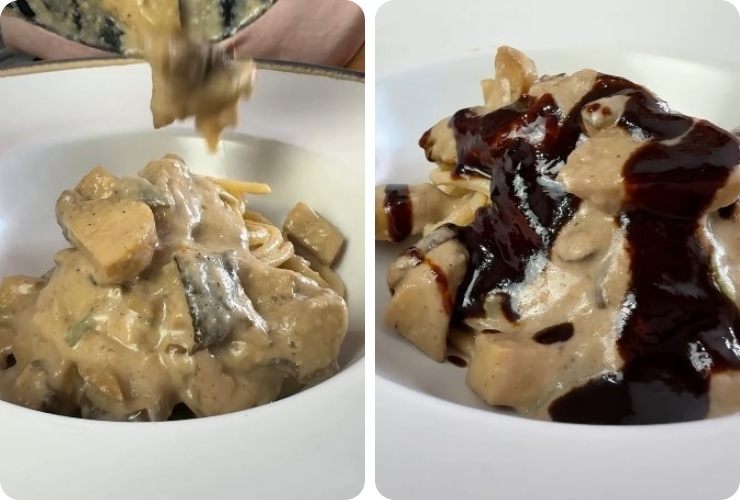 Spaghetti ai funghi e salsa scura