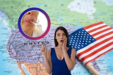 Cartina e bandiera Stati Uniti d'America, persona che mangia, donna stupita