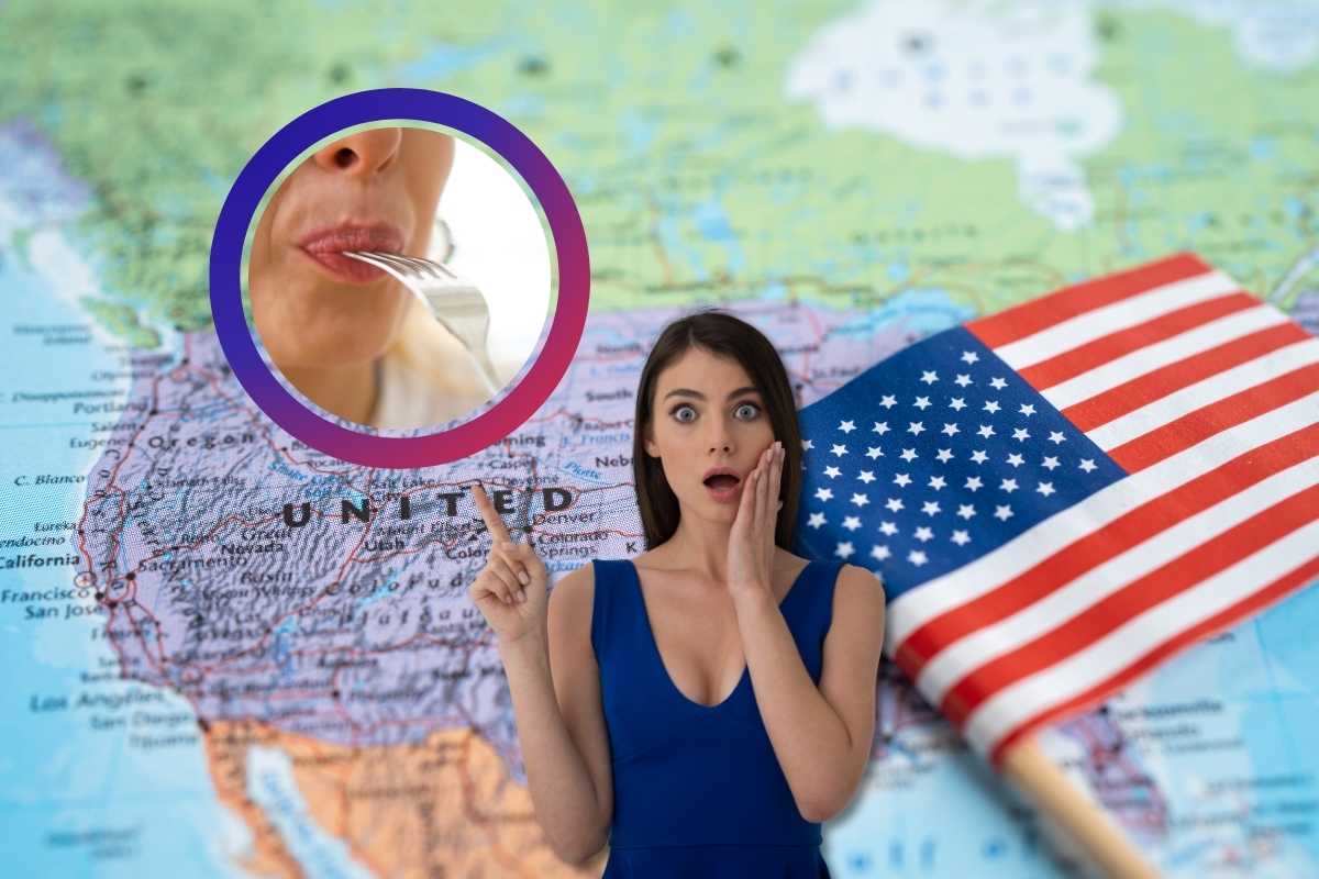 Cartina e bandiera Stati Uniti d'America, persona che mangia, donna stupita