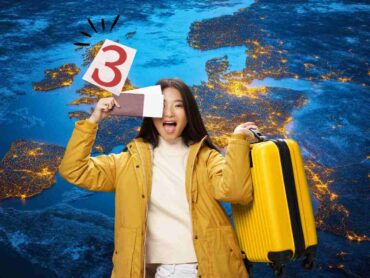 sfondo Europa luminosa ragazza con valigia in mano e numero 3 cifra