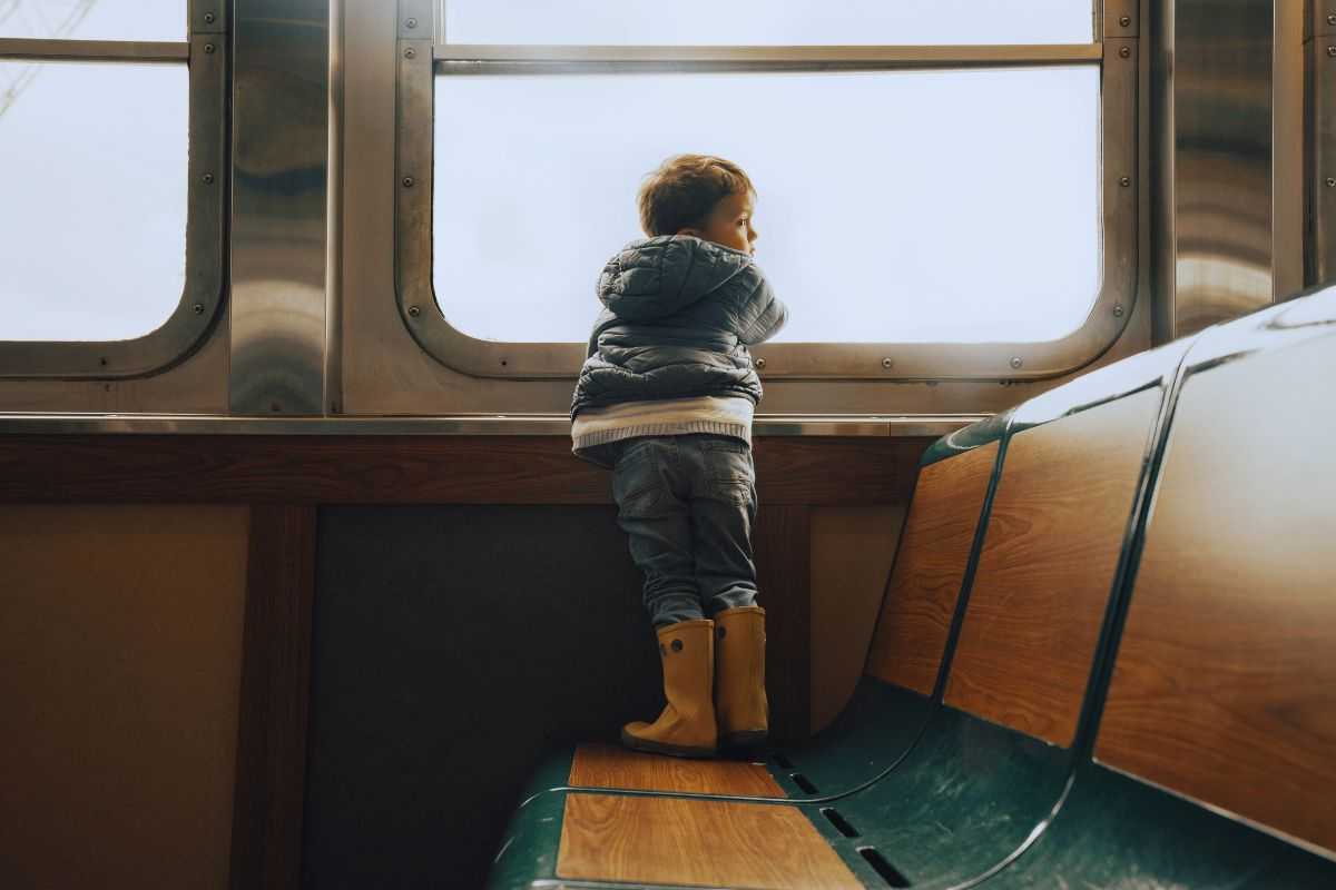 Bimbo che osserva il paesaggio dal finestrino del treno