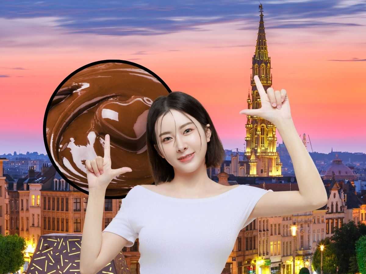 sfondo piazza oro, tondo con cioccolato fuso e ragazza felice