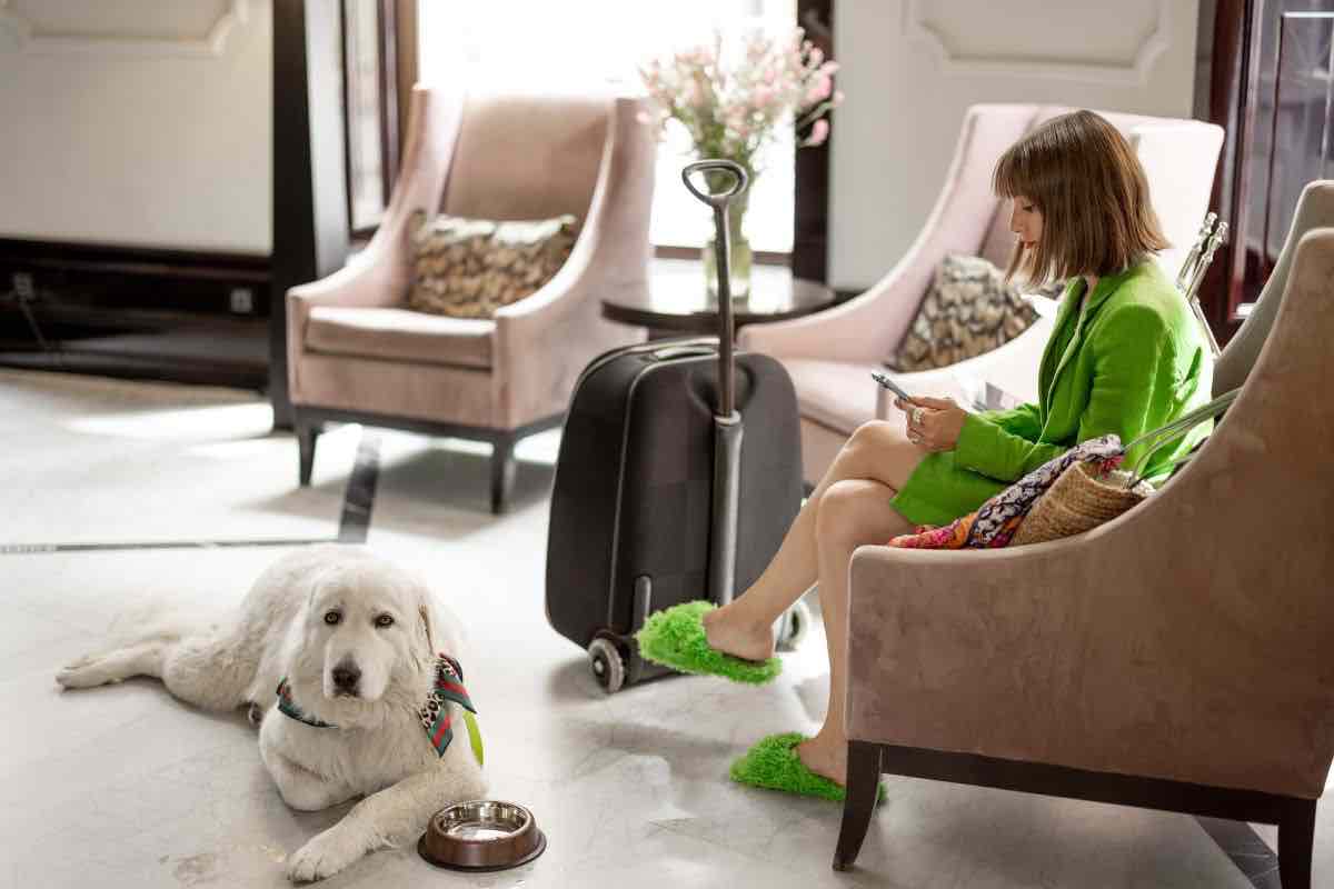 Donna seduta su un divanetto con cane bianco di fronte