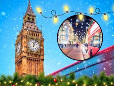 sfondo Big Ben Londra con luci e ghirlande di Natale e tondo con città illuminata
