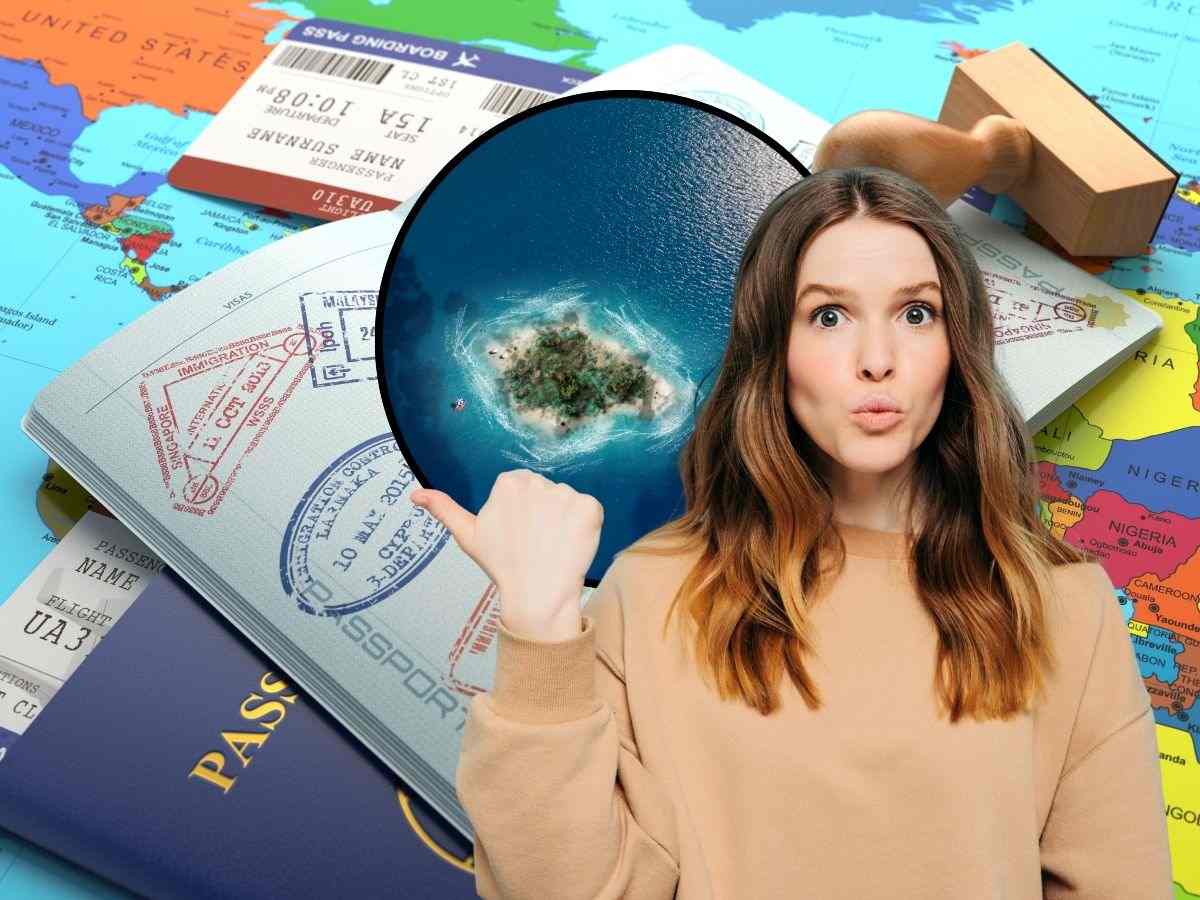 sfondo con visti, tondo con isola deserta e ragazza che indica