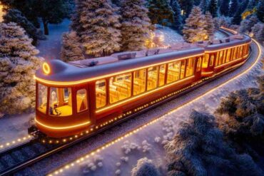 treno notturno tutto illuminato in un paesaggio innevato