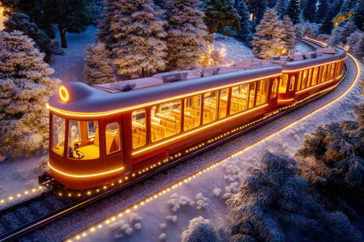 treno notturno tutto illuminato in un paesaggio innevato