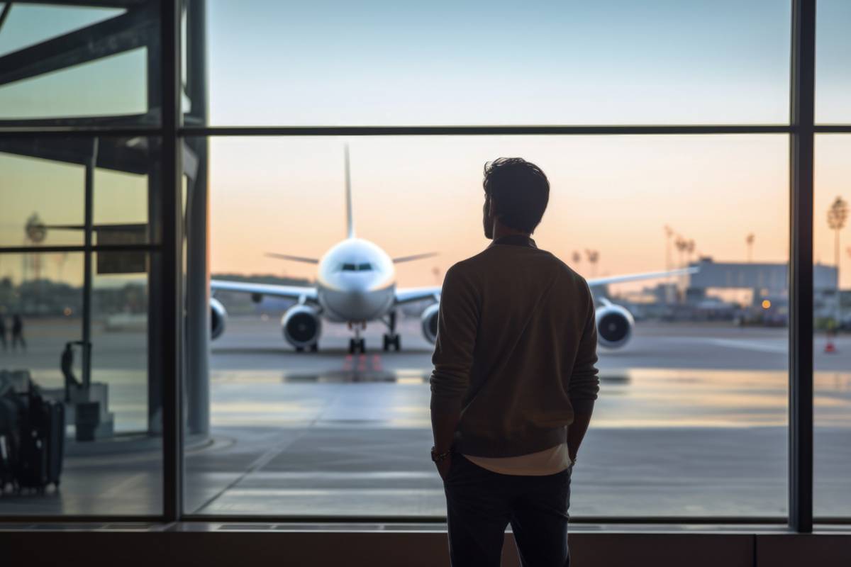 Un uomo che guarda un aereo da una vetrata